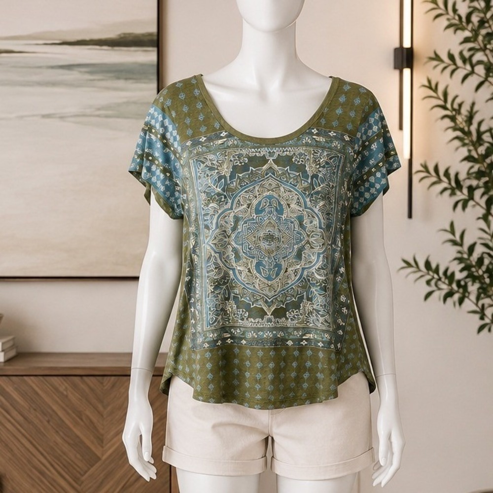 Lucky Brand Womens T-Shirt Medallion Print Boho Olive Green Blue 1X